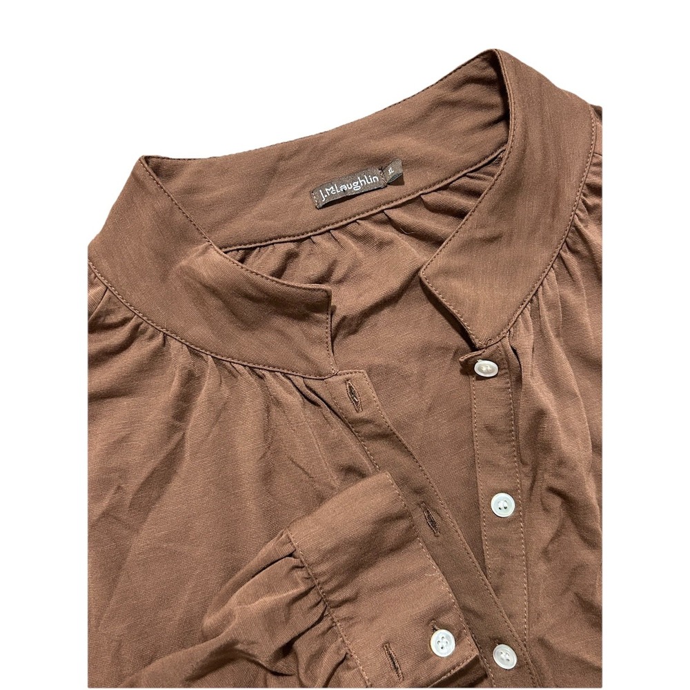 J.Mclaughlin Women's XL Band‎ Collar Half Placket Brown Shirt Rayon Nylon